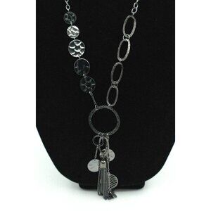 Textured Silver Tone Long Statement Necklace With Layered Coin Pendants & Tassel